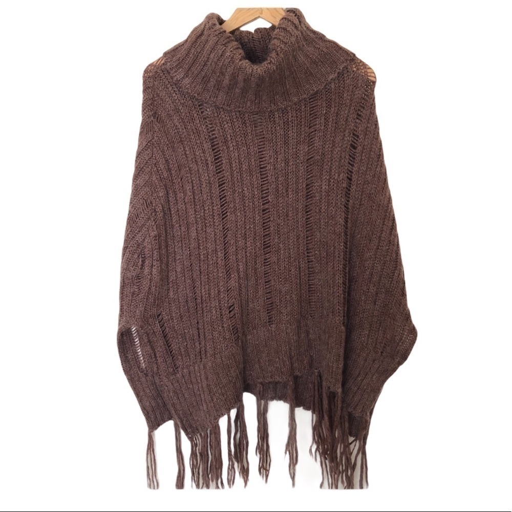 Poncho Sweater Soft Knit Brown Cowl Neck Fringe One Size